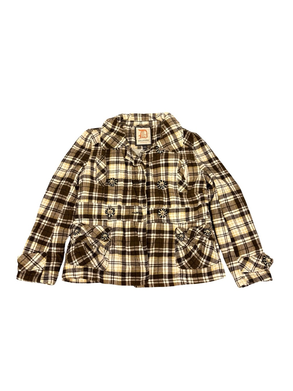 Y2K Dollhouse brown plaid jacket quilted lined puffer jacket Sz L